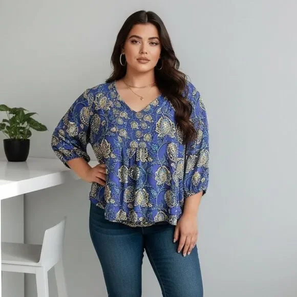 🛍️ Women’s blue yellow floral 3/4” sleeve pullover high low blouse plus size 2X - Picture 4 of 7